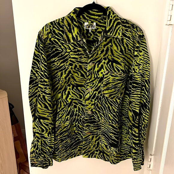 Ganni - Lime Green Tiger Print Denim Jacket - Picture 1 of 6
